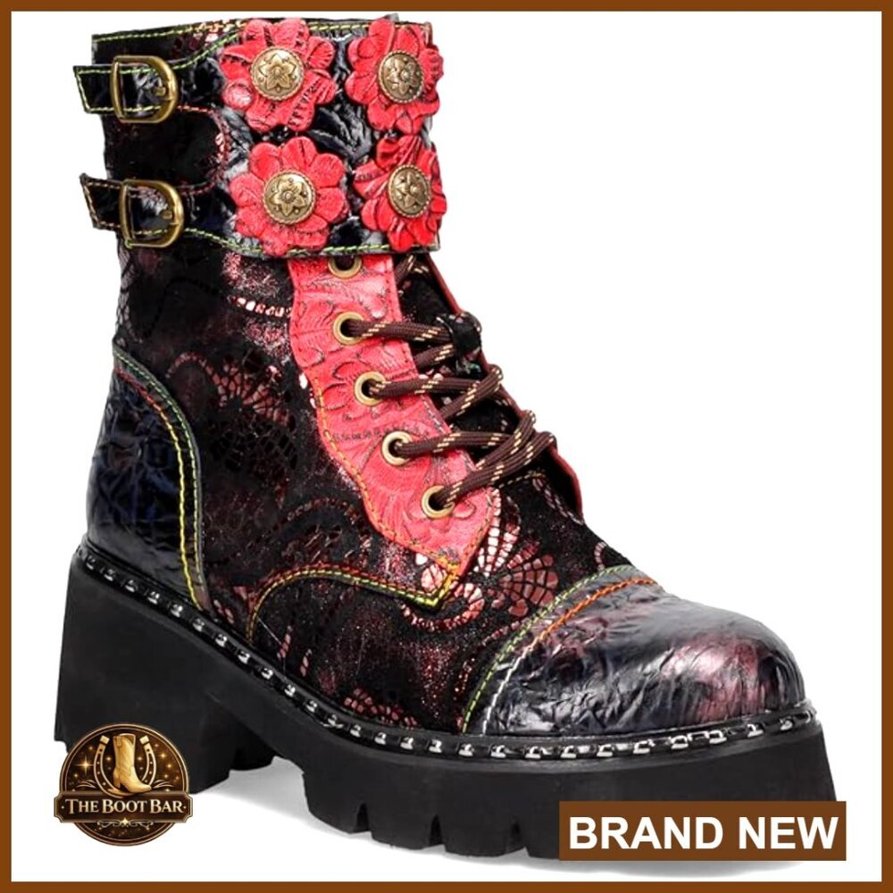 Leather Booties with Flower Cutouts, Studs, and Faux Fur Lining